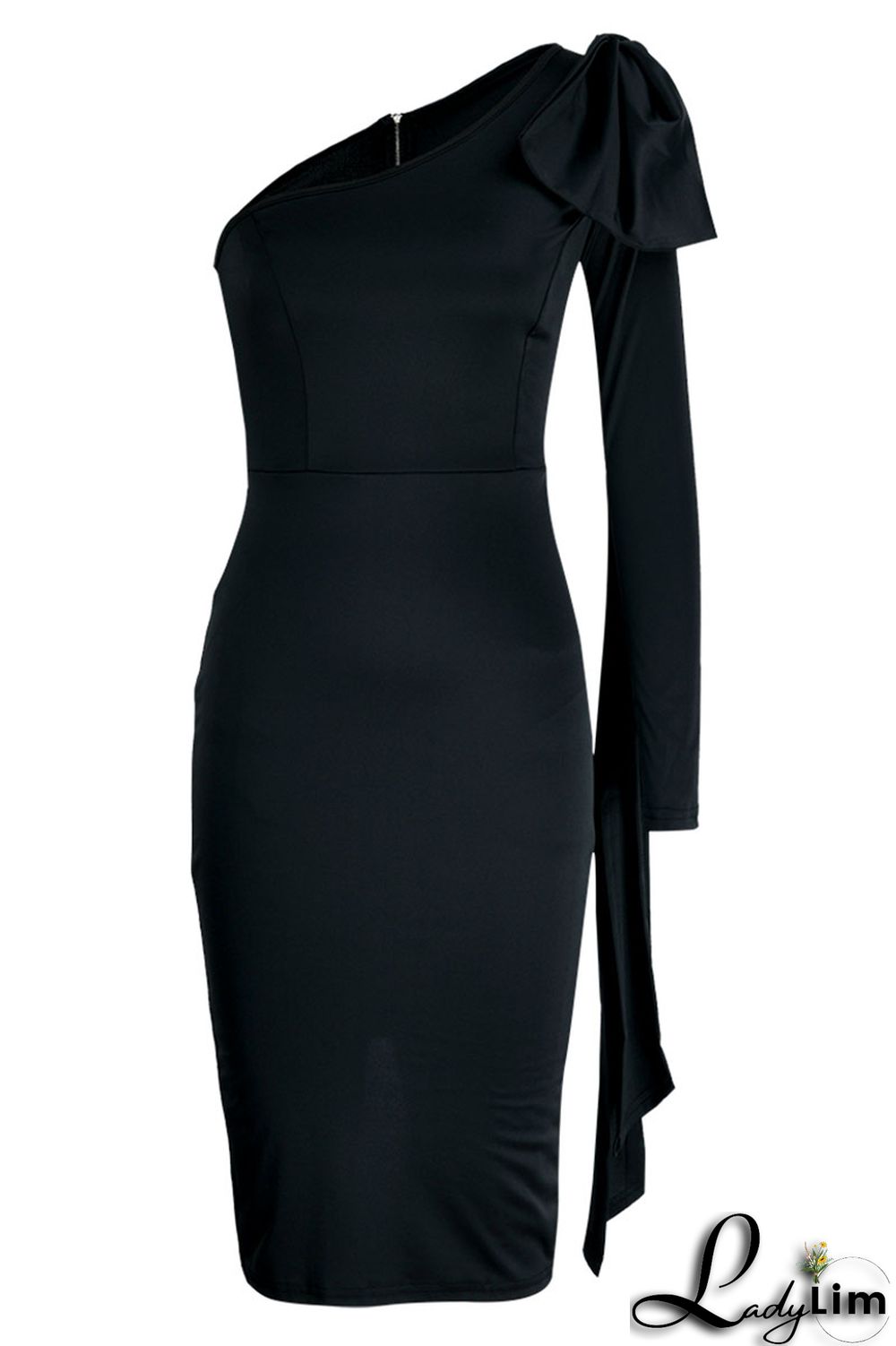 Blue Elegant Solid Patchwork With Bow Oblique Collar One Step Skirt Dresses(Without Belt)
