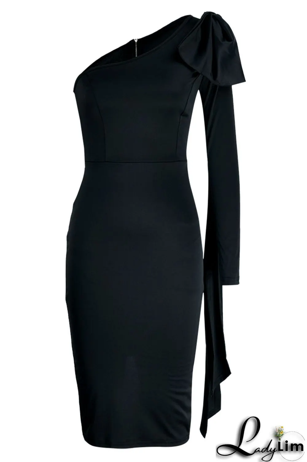 Blue Elegant Solid Patchwork With Bow Oblique Collar One Step Skirt Dresses(Without Belt)