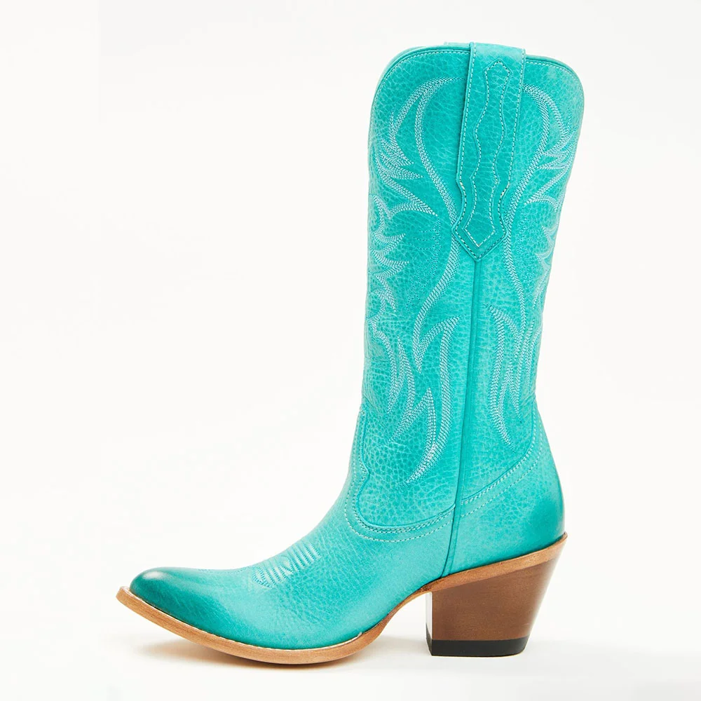 Turquoise Chunky Heel Embroidered Almond Toe Western Boots for Women