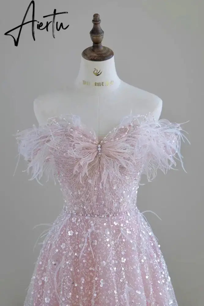 Aiertu  Luxury Pink feather Prom dresses women advanced light luxury a word shoulder fairy Evening dress high-end party gown Aiertu