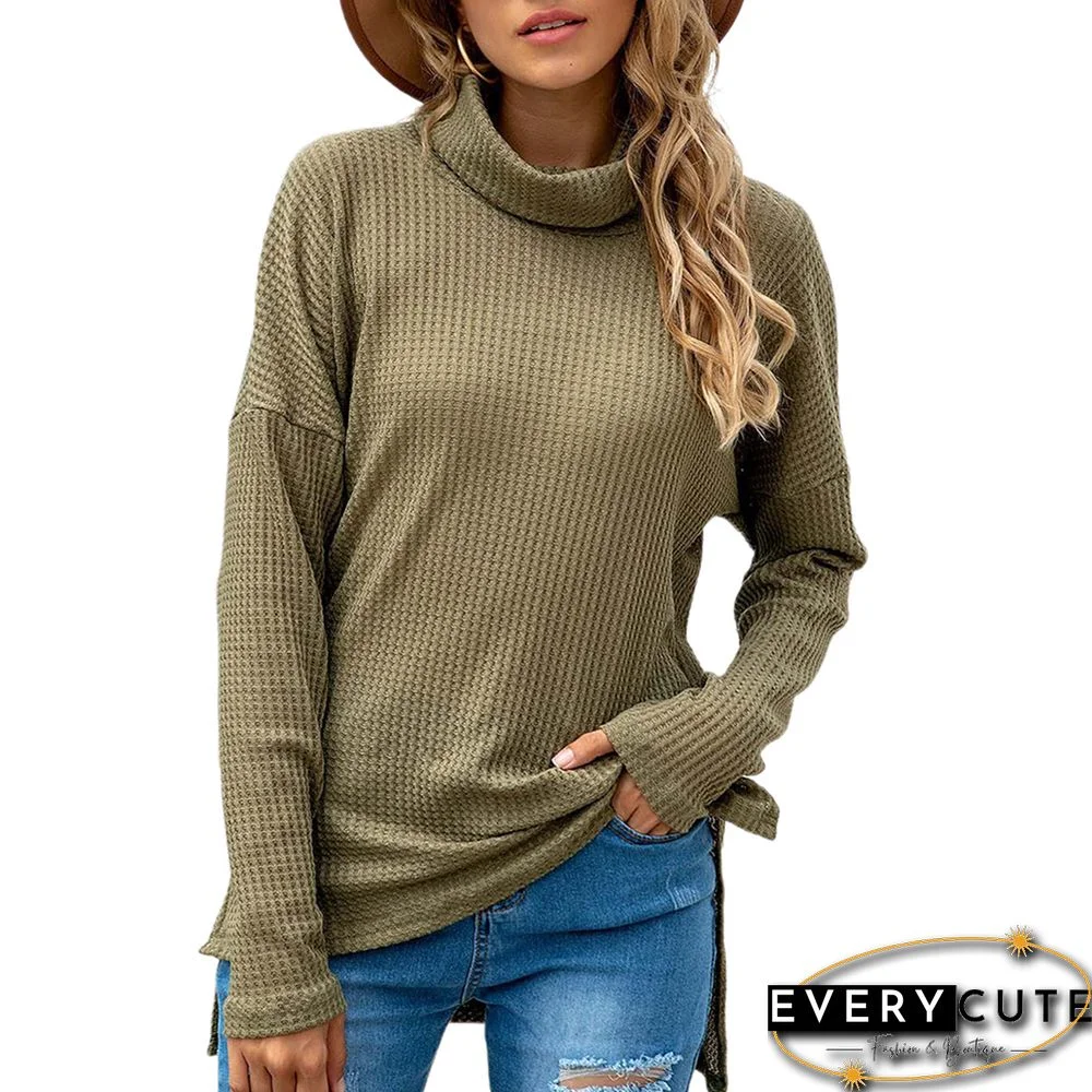 Army Green Waffle High Neck Long Sleeve Tops