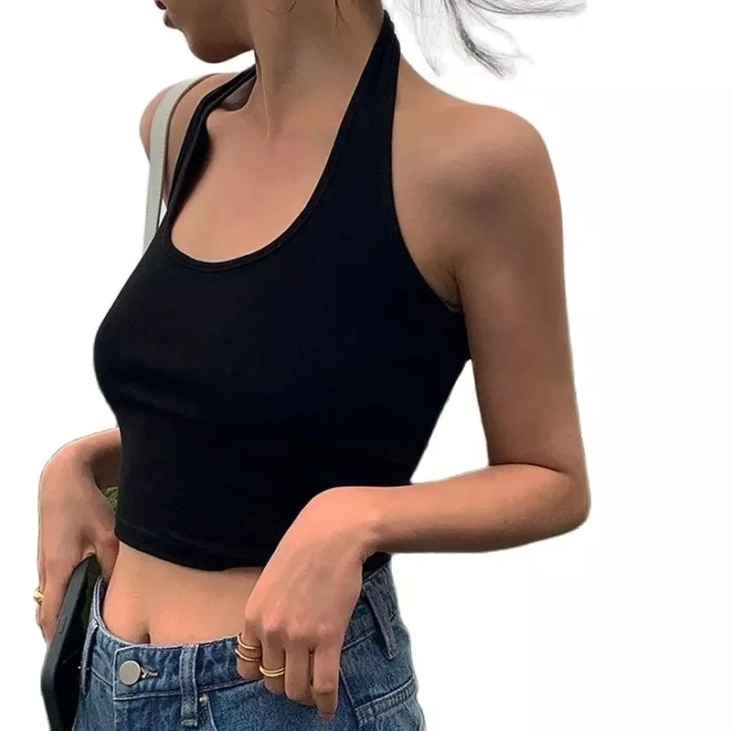 Qjong Sexy Backless Black White Tank Tops Halter Streetwear Vest Female Crop Top Summer 2023 Basic T-shirts Ladies Tube Camis