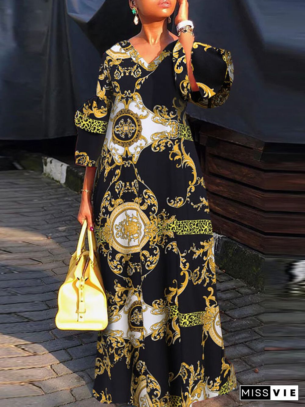 Tribal Pattern V-neck Loose Maxi Dress For Women