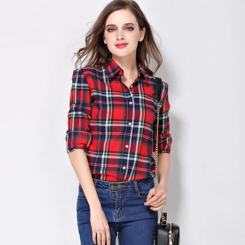 Women Shirt Blouses Plus Size 2021 Hot New Spring Flannel Cotton Long Sleeve Plaid Shirt Casual Female Loose College Style Tops