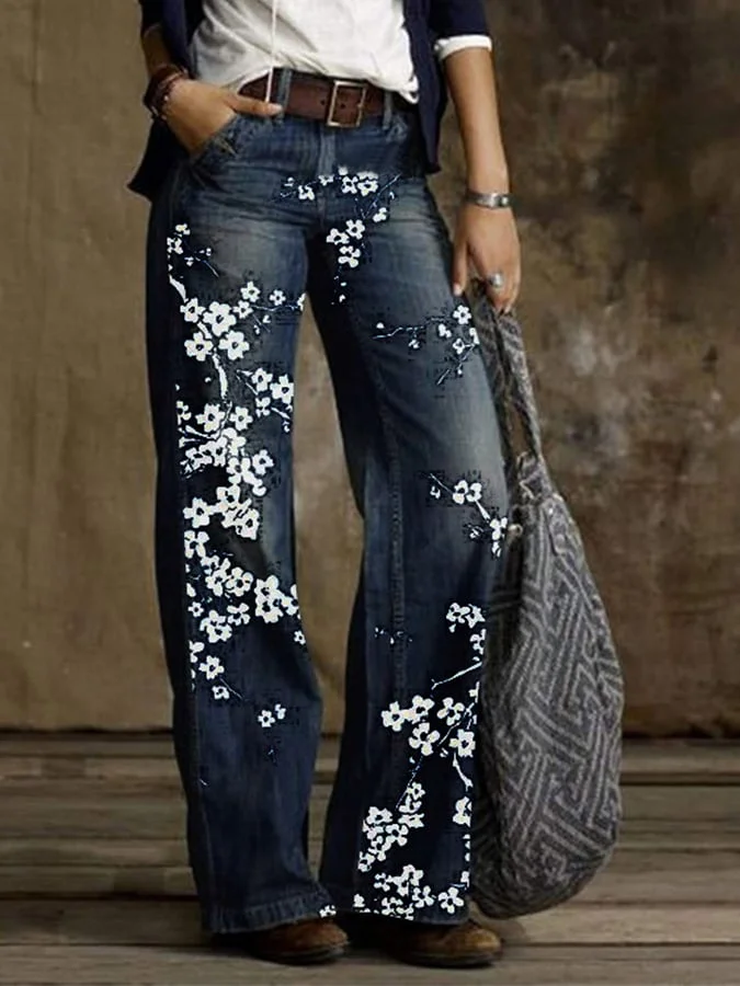 Vintage Floral Printed Wide Leg Casual Jeans