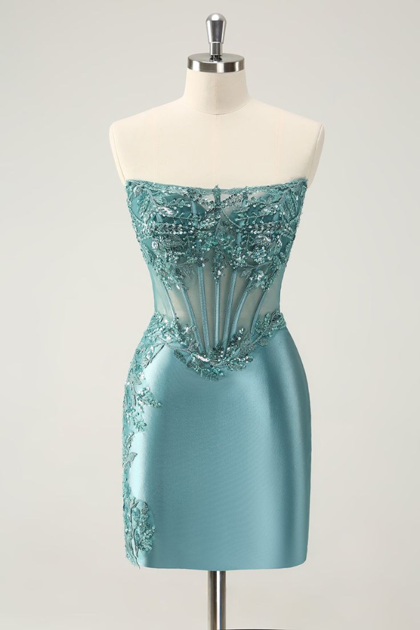 Ovlias Glitter Tight Strapless Corset Dusty Blue Homecoming Dress with Appliques HC0149
