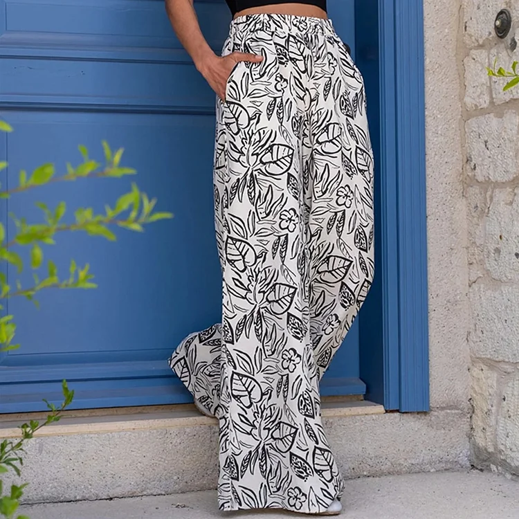 Printed Comfortable Pockets Wide Leg Pants VangoghDress