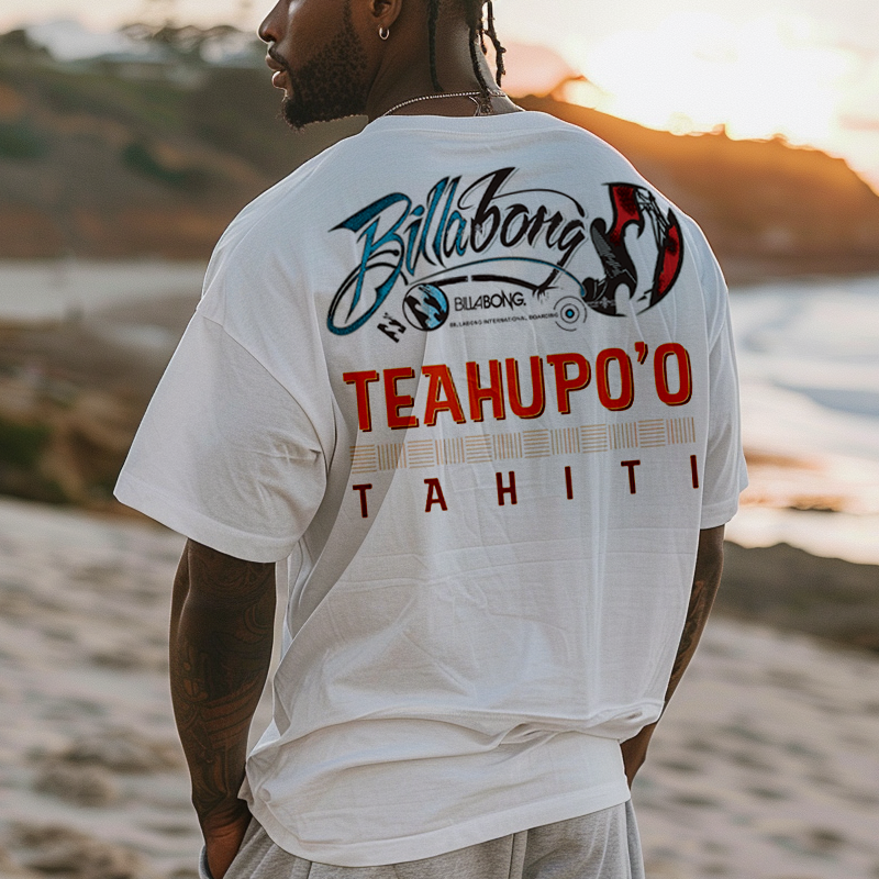 Men's Loose Oversized Billabong Vintage Batik Tie Dye Teahupoo Tahiti Gradient Ombre Surf T-Shirt