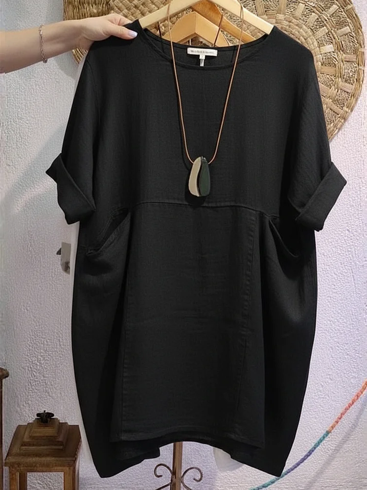 Women's Linen And Cotton Round-neck Dress