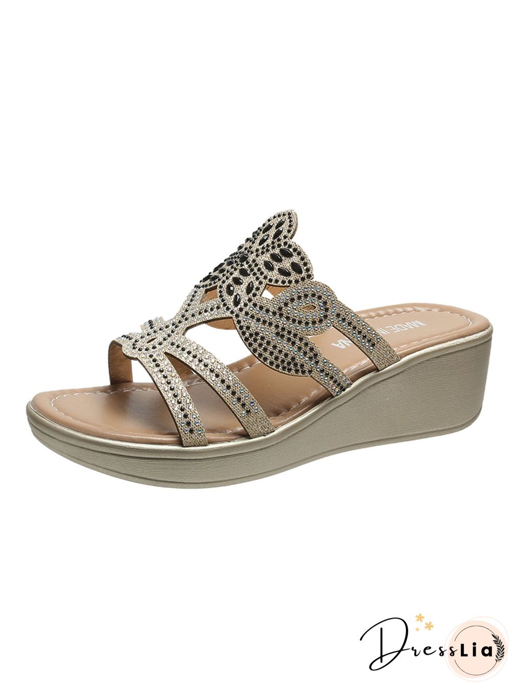 Rhinestone Floral Leaf Cutout Glitter Wedge Slippers