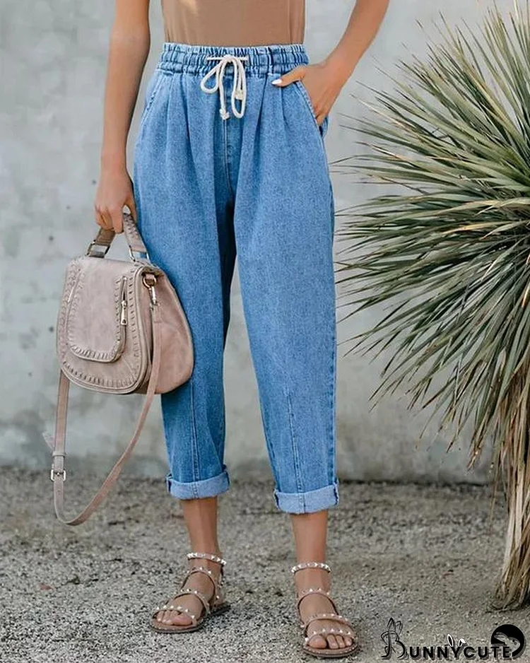 Sea Blue Drawstring Crop Jeans