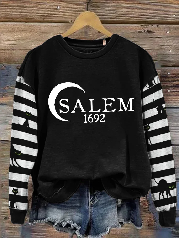 Salem 1692 Black Cats Striped Contrast Washed Sweatshirt