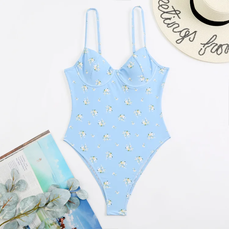 Ditsy Floral Print Boat Neck Cami One-Piece Bikini Swimsuit
