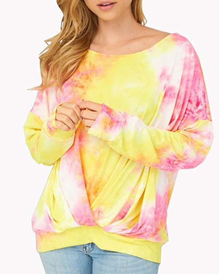 Tie Dye Print Ruched Long Sleeve Knit Top P5312932876