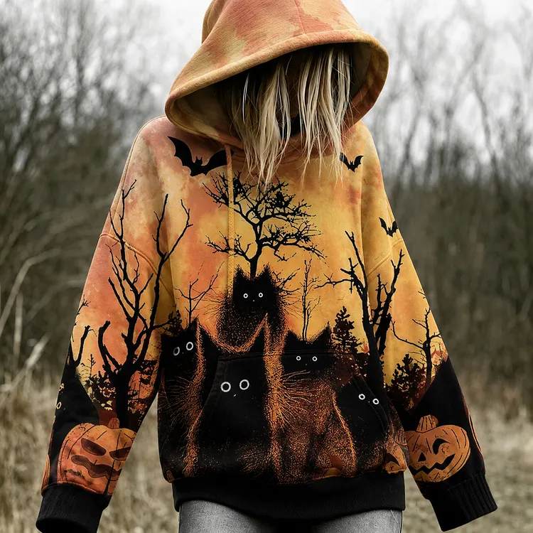 Women's Black Cat Halloween Design Hoodie