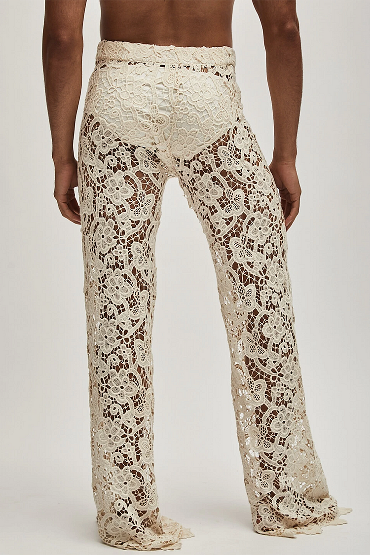 Ciciful See Through Lace Zipper Beige Straight Leg Pants