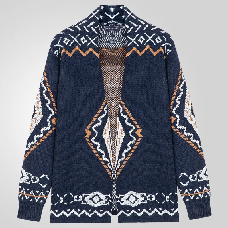 Uveng Uveng Men's Vintage Heavy Industry Knit Jacket Geometrical Long Sleeve R-Shirt Sweater SY0067