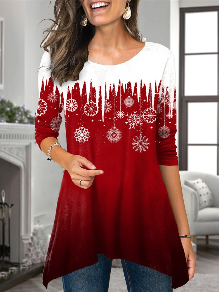 Women's Stitching Graphic Christmas Printed Solid Color Scoop Neck Long Sleeve Top