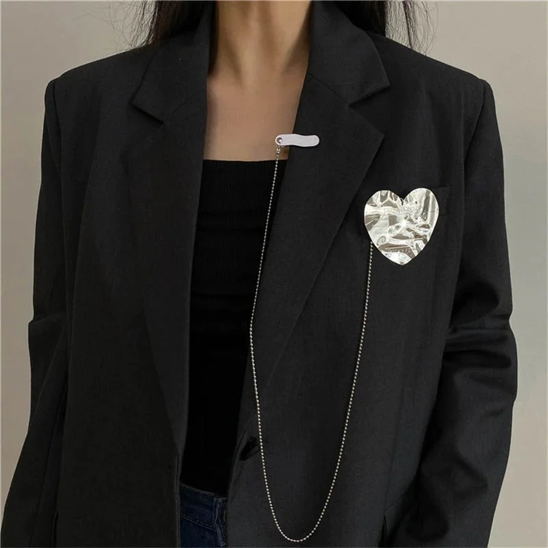 Heart-shaped Metal Collar Long Tassel Chain Brooch Pins