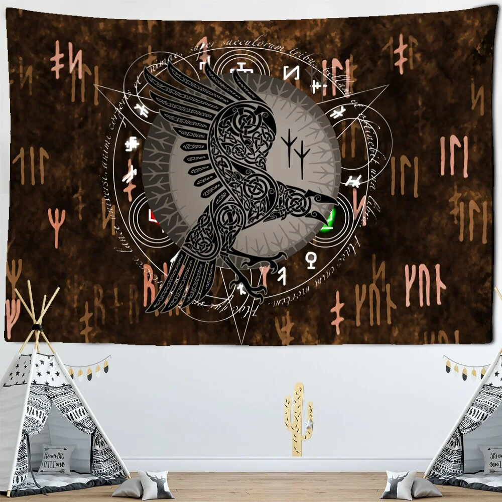 Vikings Tapestry wall Raven Mysterious Meditation Psychedelic Runes Art Wall Hanging Tapestries for Living Room Tarot Sun Moon