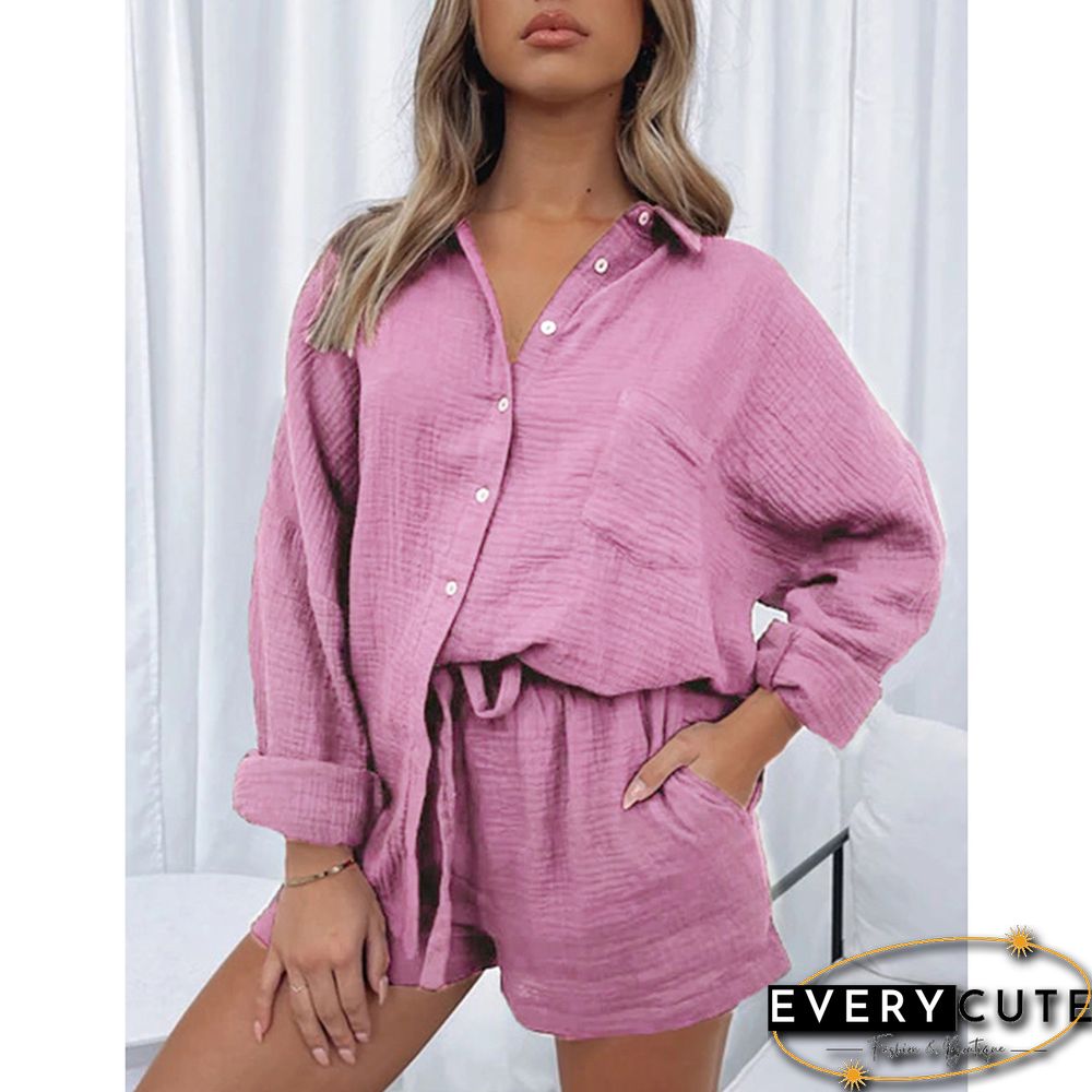 Pink Cotton Blend Pocket Shirt with Shorts Set