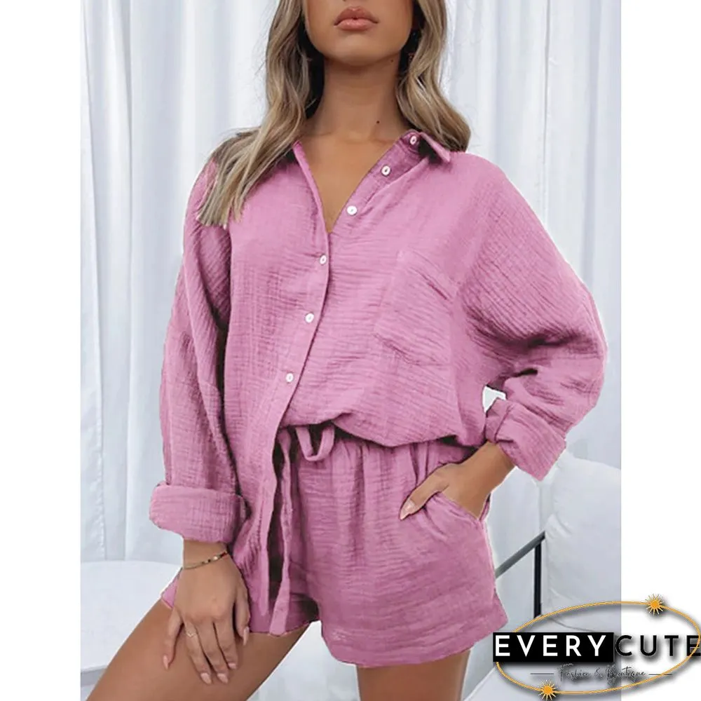 Pink Cotton Blend Pocket Shirt with Shorts Set