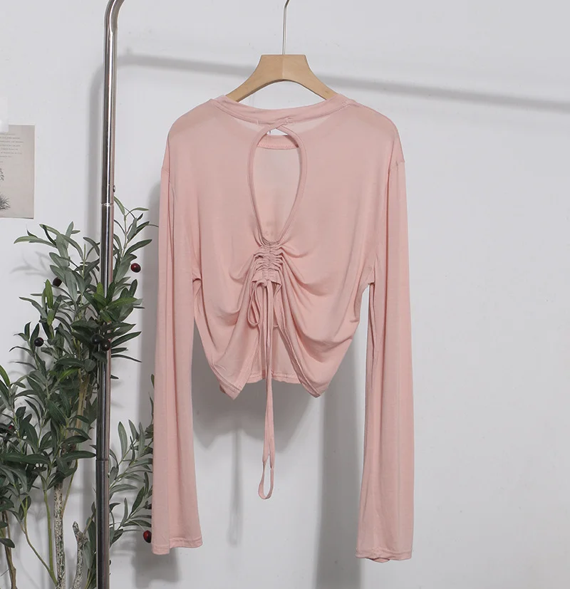 Uveng Han Shied Bare Back Drawstring Blouse Woman Summer Small Casual Wear Thin Hoodie Short-Sleeved T-Shirt 85827
