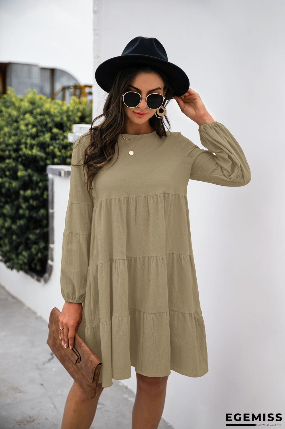 Cotton Round Neck Lantern Sleeve Dress | EGEMISS