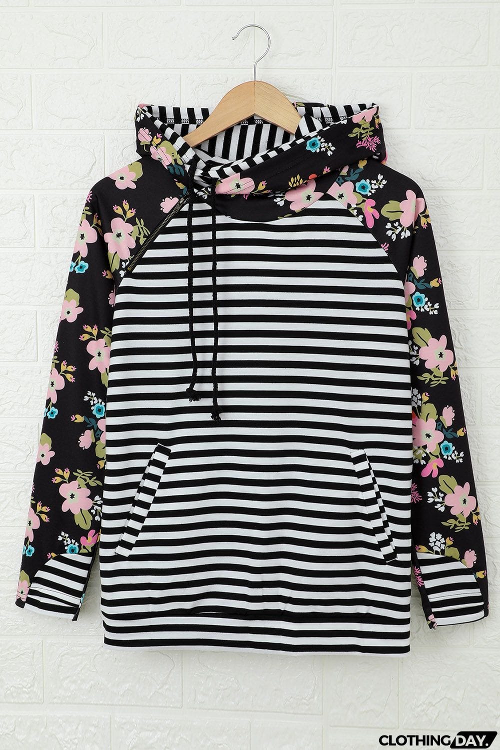 Striped Floral Print Long Sleeve Zipper Hoodie