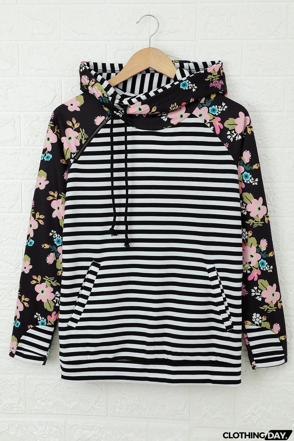 Striped Floral Print Long Sleeve Zipper Hoodie