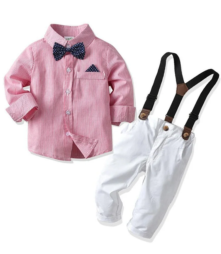 Boys Pink Cotton Shirt With Bow Tie N White Suspender Pants Outfit Set-Mayoulove
