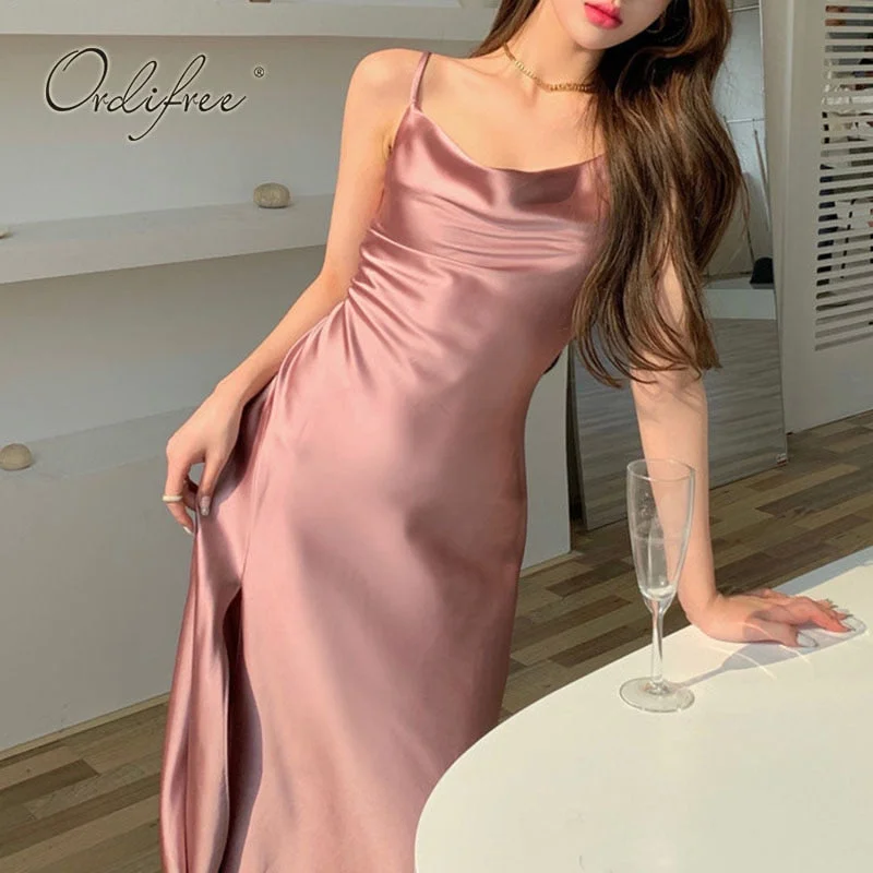 Ordifree 2022 Summer Women Sexy Party Dress High Slit Spaghetti Strap Vintage Pink Long Satin Slip Dress Plus Size 3XL 4XL