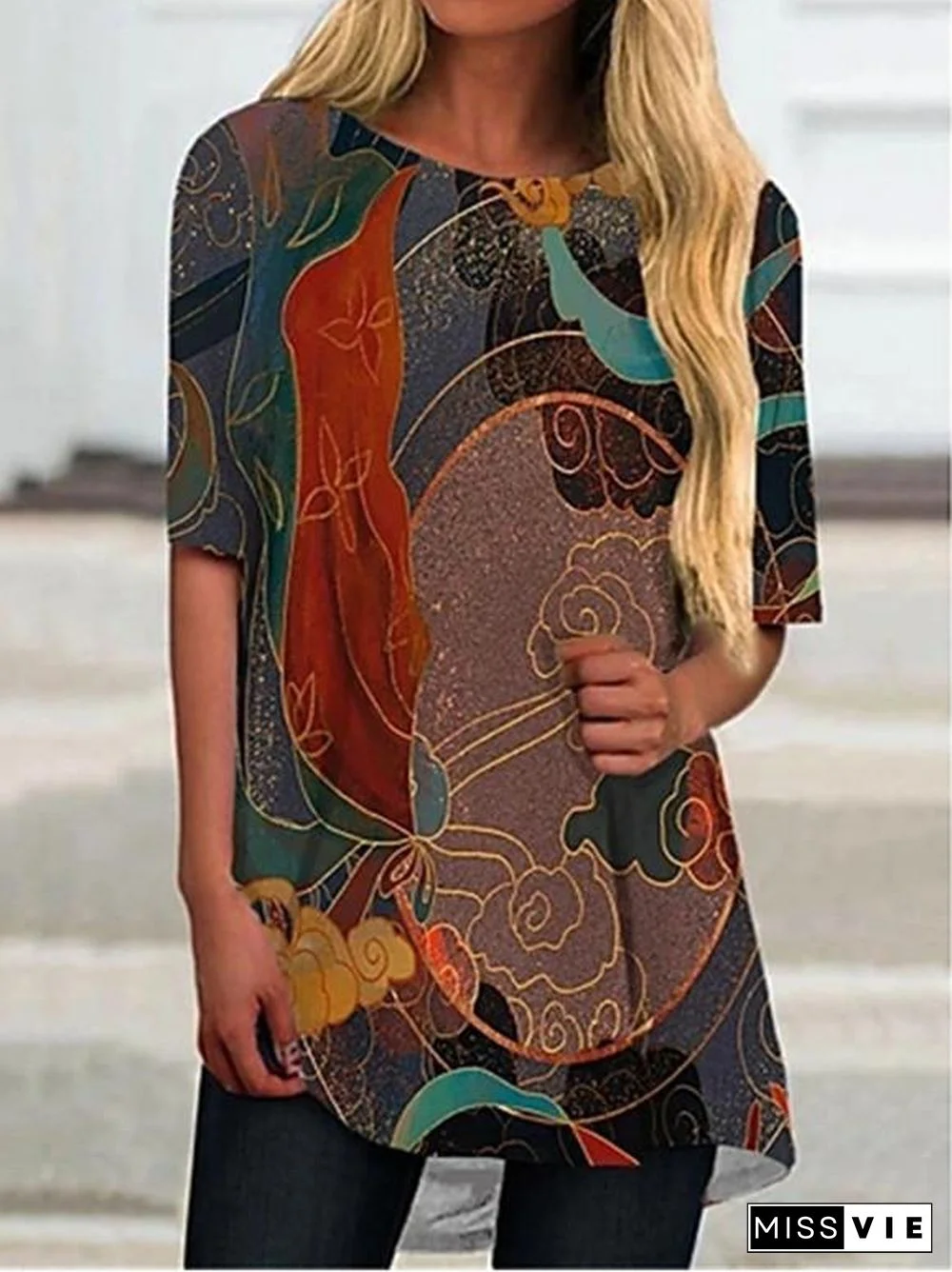 Women Short Sleeve Scoop Neck Animal Print Top