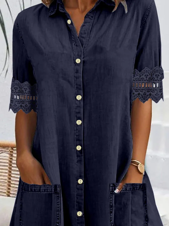 Women Short Sleeve Shirt Collar Solid Button Pockets Lace Denim Midi Dress