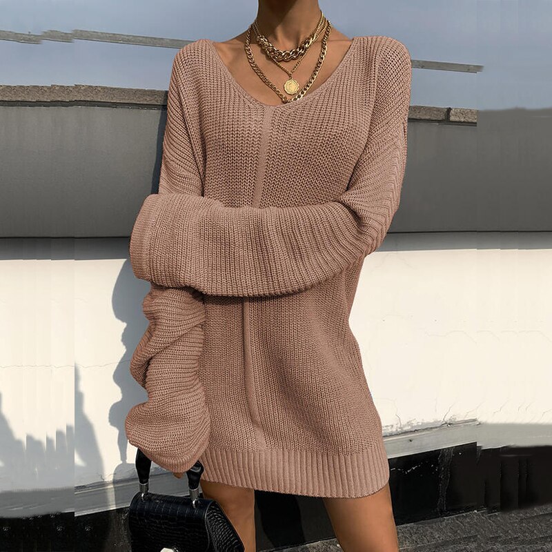 Women Solid Knitted Sweater Dress Fashion V-Neck Loose Elegant Mini Jumper Dress Autumn Winter New Long Sleeved Sweater Dresses