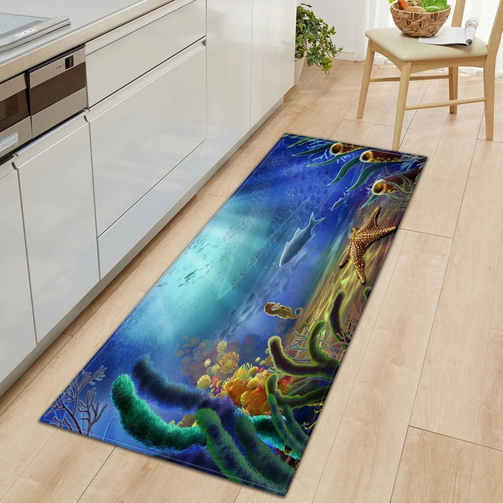 3D Underwater World Kitchen Mat  Entrance Doormat Bedroom Floor Decoration Living Room Carpet Bathroom Non-Slip Rug Long Strip