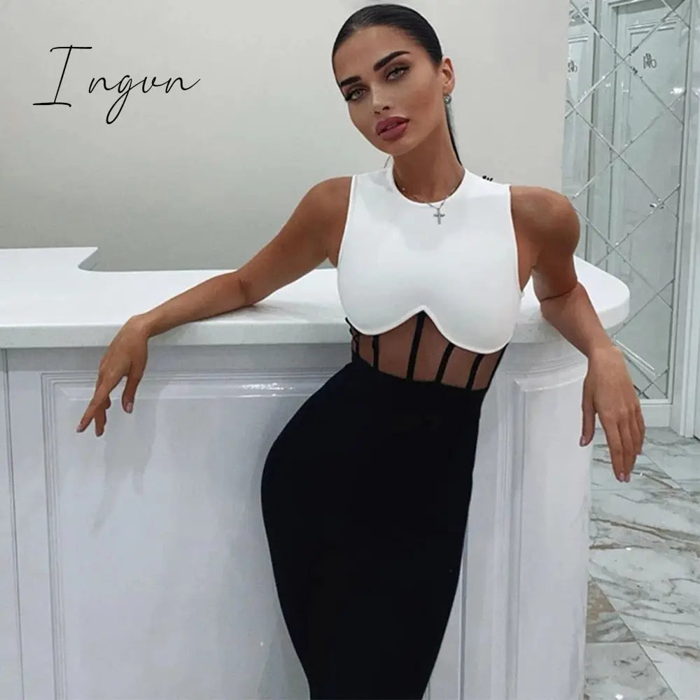 Ingvn - New Summer Tank Bodycon Club Bandage Dress Women Sexy Sleeveless Black Lace Midi Celebrity