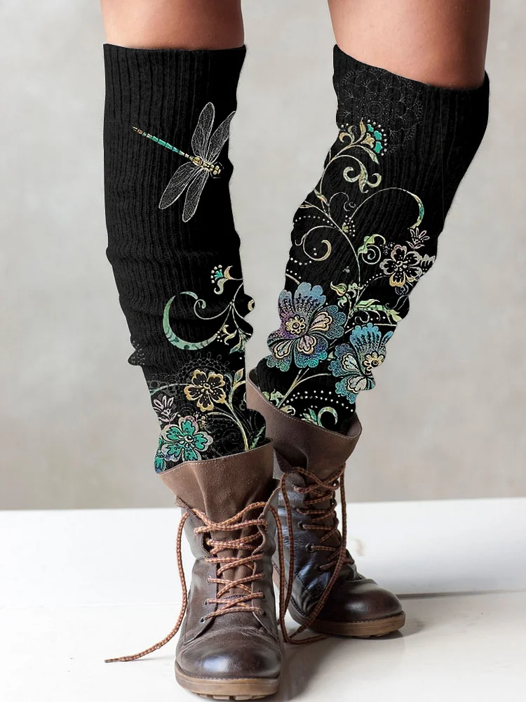 （Ship within 24 hours）Retro dragonfly and floral print knit boot cuffs leg warmers