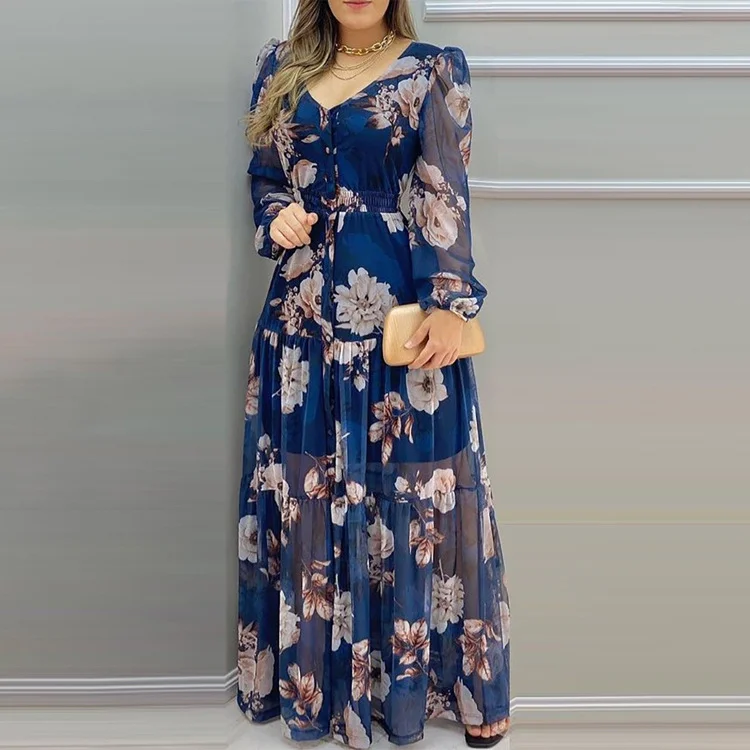 Spring and Summer Temperament Print Dress V-Neck Waist Slim Mesh