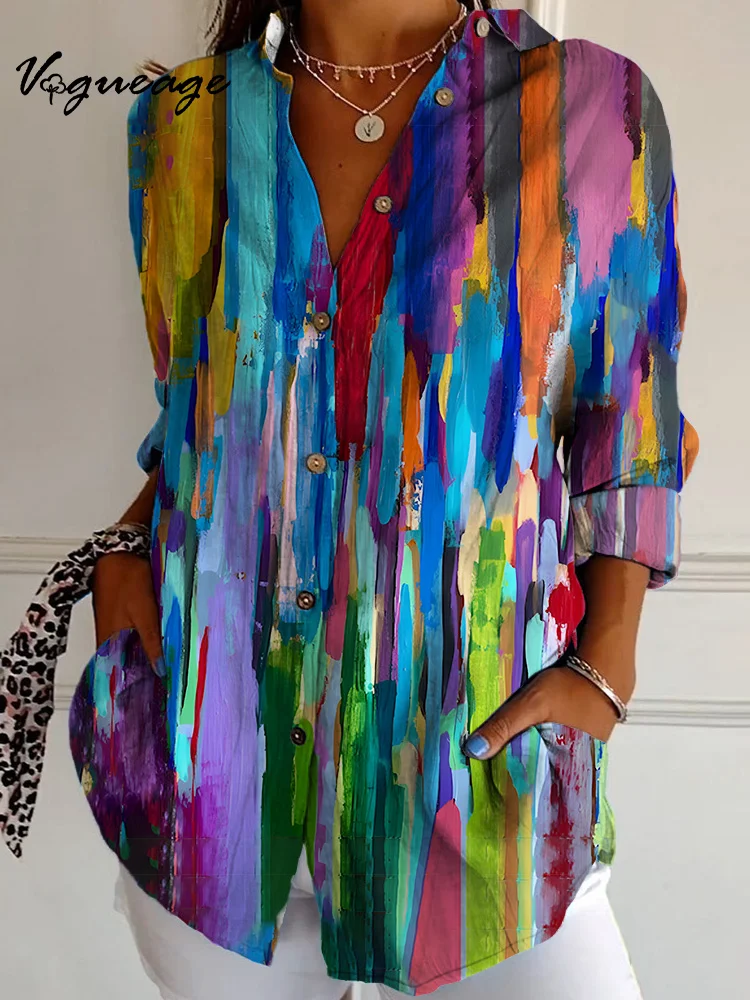 Trendy Oil Painting Style Colorful Spots Long Sleeves Printed Cotton And Linen Shirt