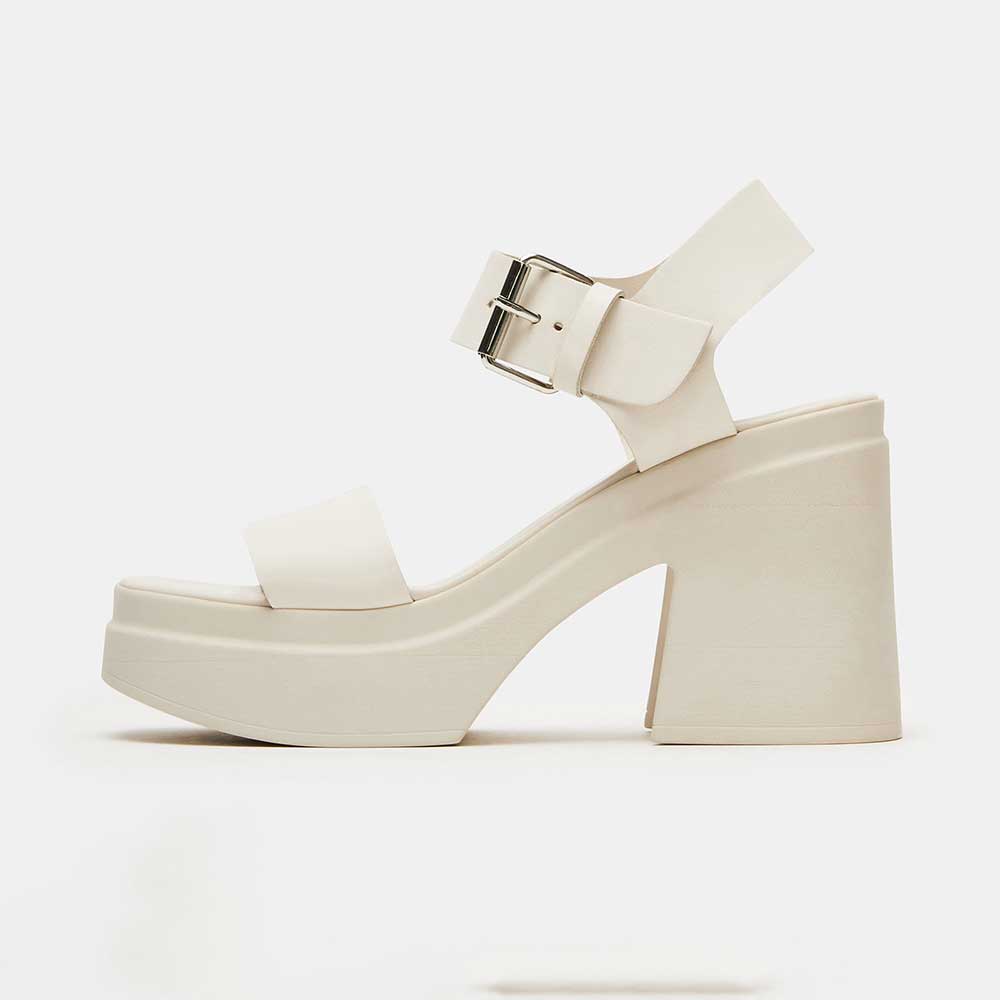White Round Toe 4'' Block Heel Ankle Strap Platform Sandals Nicepairs