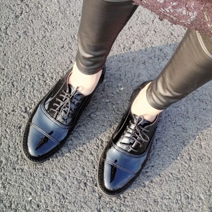 Black Women's Oxfords Patent Leather Lace up Flats School Shoes |FSJ Shoes