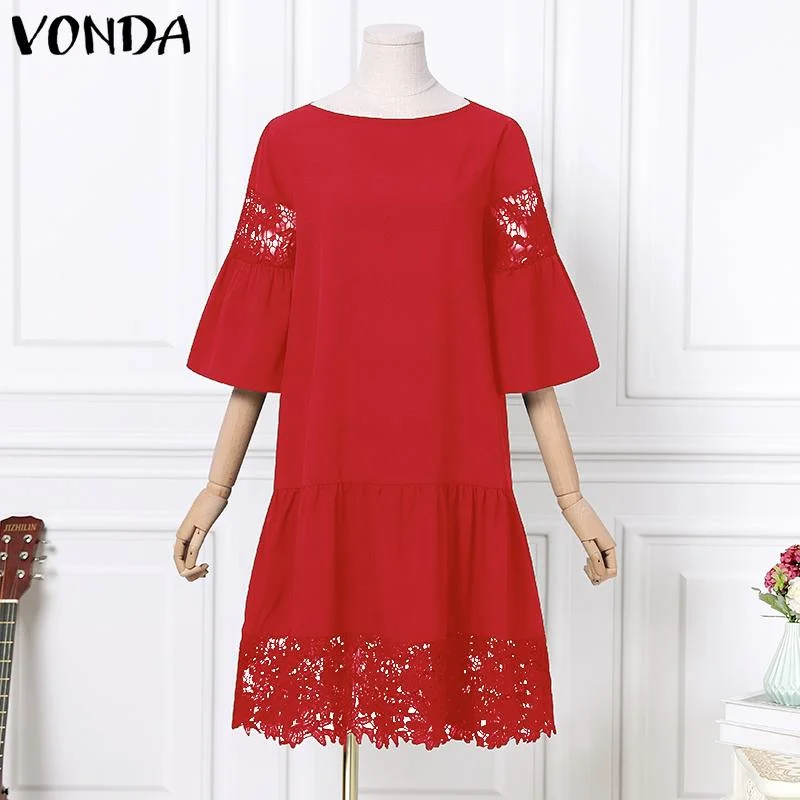 VONDA 2022 Women O Neck Flare Sleeve Plus Size Dresses Ladies Lace Pleated Vestidos Loose A-Lined Beach Sundress 5XL Short Robes