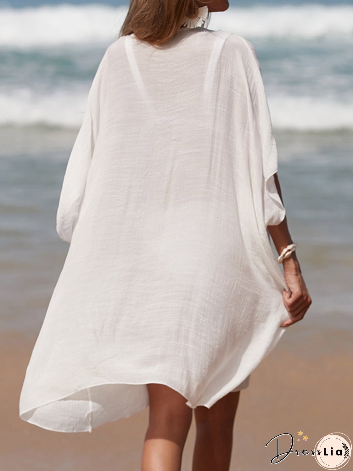 Cutout V-Neck Three-Quarter Sleeve Cover Up