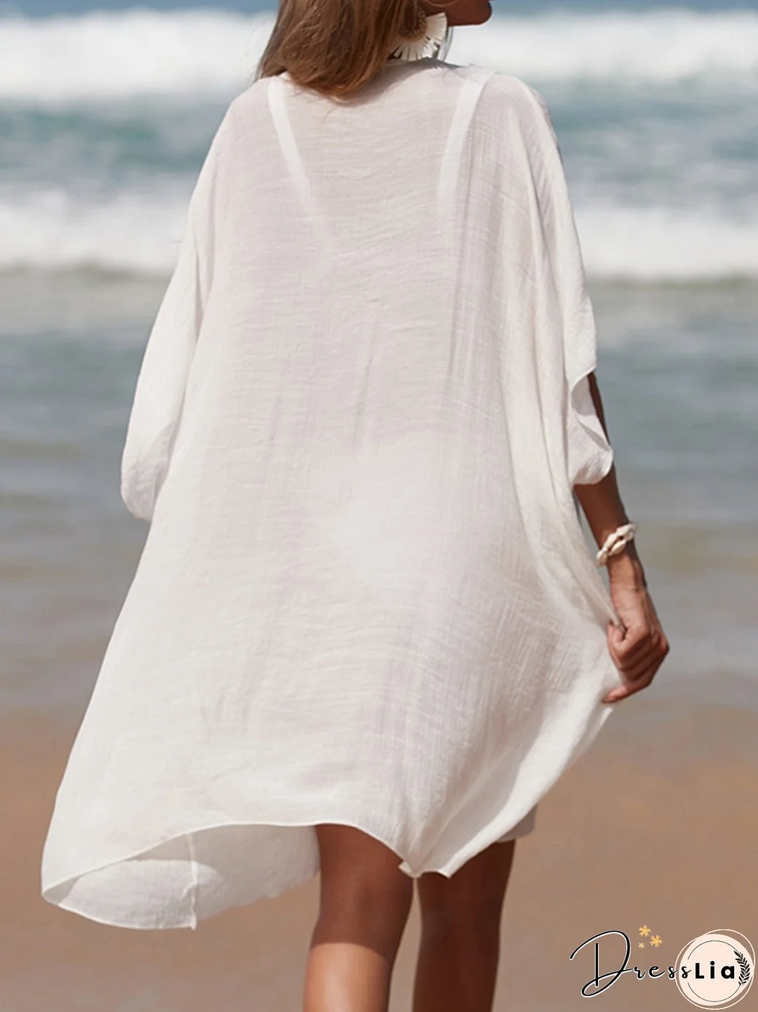 Cutout V-Neck Three-Quarter Sleeve Cover Up