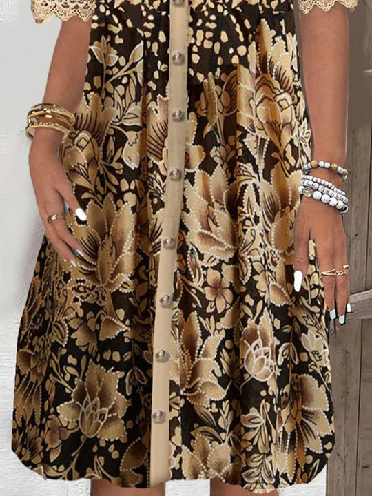 Women's Short Sleeve V-neck Lace Stitching Hollow Graphic Midi Dress