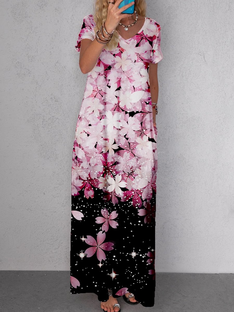 Casual Floral Print V Neck Sleeveless Maxi Dress