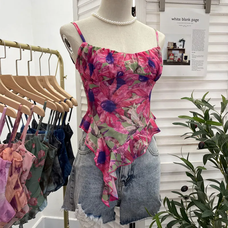 Nigikala Nigikala Shoot 辣tie Bra Irregular Sling Sling Vest Slimming Print Mesh Sleeveless Top 8950