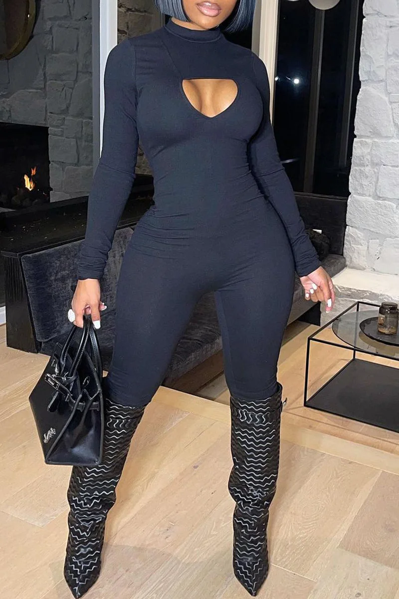Fashion Casual Solid Hollowed Out Half A Turtleneck Skinny Jumpsuits