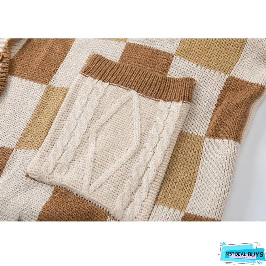 Check Pattern Patchwork Pockets Cardigan Sweater